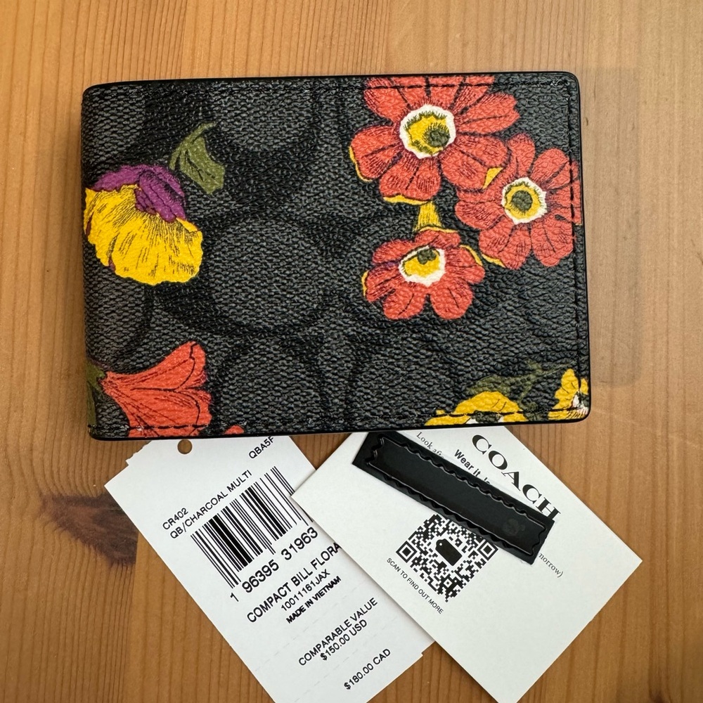 🌸 Coach Compact Billfold Wallet Cardcase In Signature Canvas With Floral Print